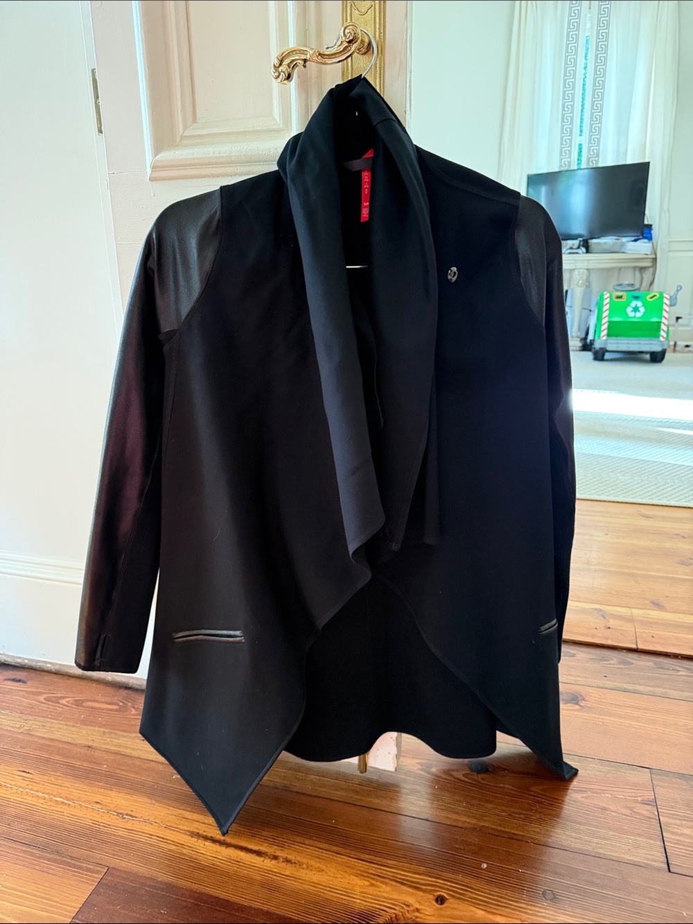 SPANX Black Draped Open-Front Blazer with Faux-Leather Sleeves